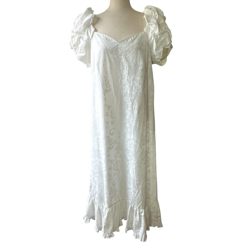 Hilo Hattie White Puff Sleeve Ruffle Muumuu Large Destination Wedding Dress